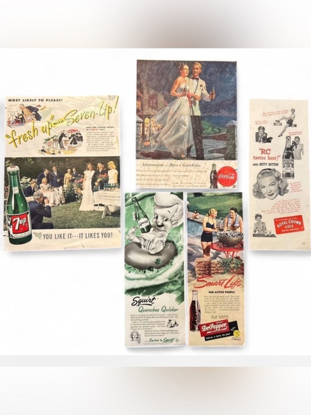 1950s / 40s Coca-Cola, Seven-Up, and Dr Pepper vintage soda Print ads
